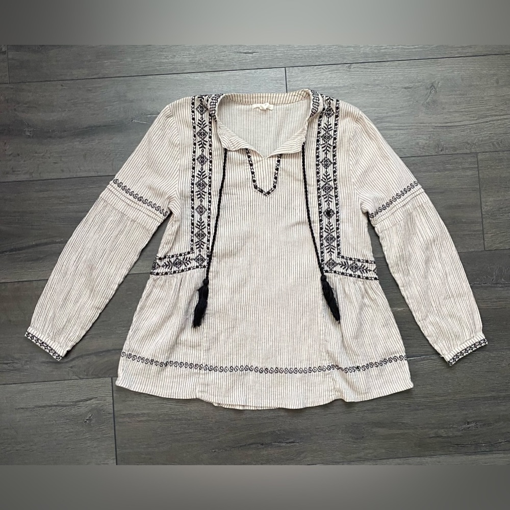 Garnet Hill Womens Embroidered Shirt Striped Long Sleeve Tie Neck Top Size 00